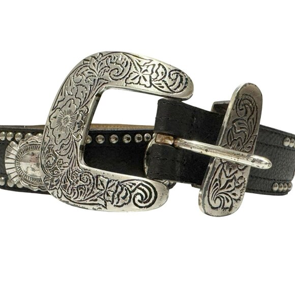 STREETS AHEAD Black Italian Leather Belt Oversized Floral Buckle Western Boho Sm - Picture 2 of 8